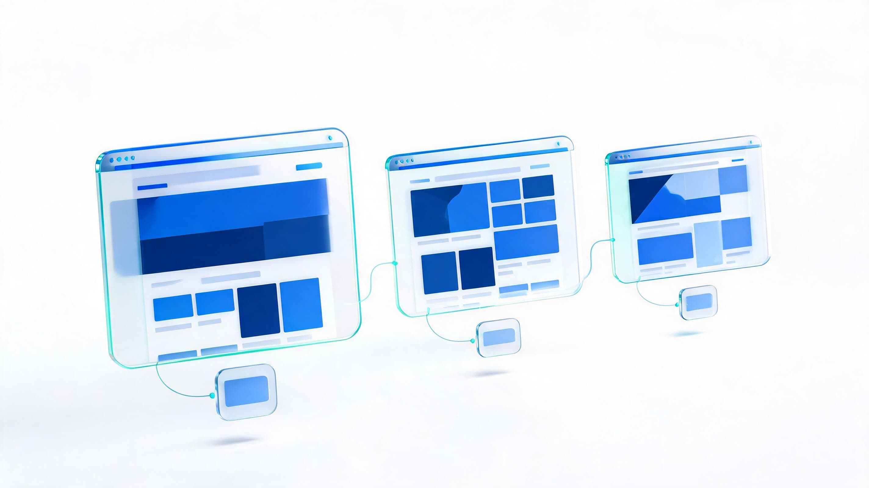 Floating portfolio browser mockups connected to project tags