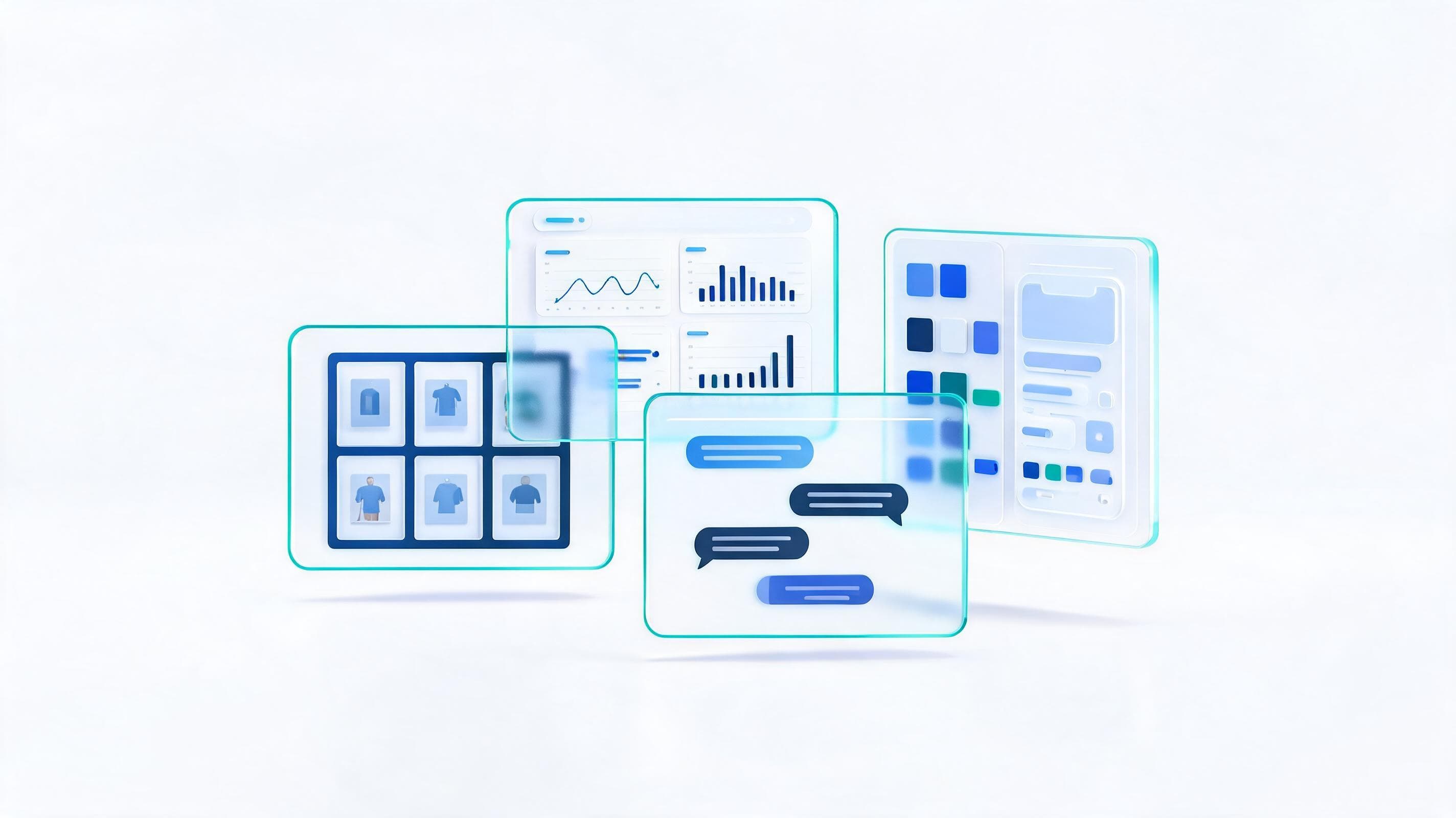 Layered digital service panels: storefront, dashboard, design system and AI interface